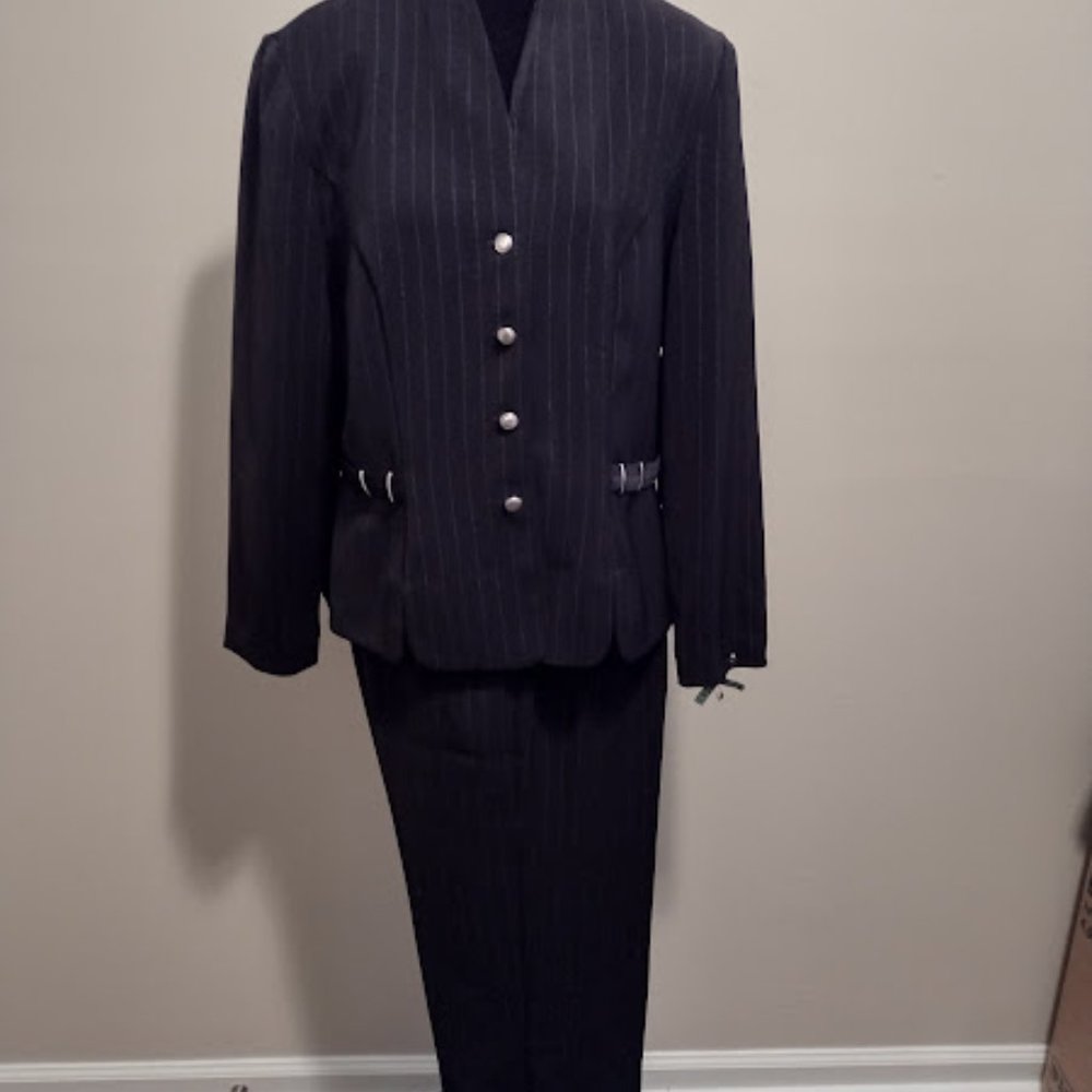 Virgo, 2pc Pant Suit, Black w/Silver Pin Stripes, Size-12, Dry Cleaned